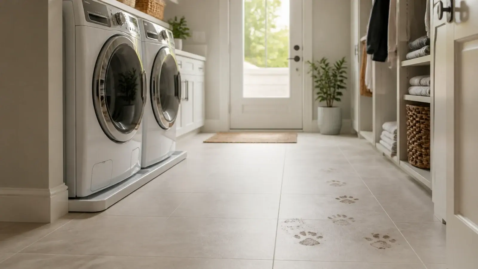 textured porcelain floor tiles laid across a wide utility room