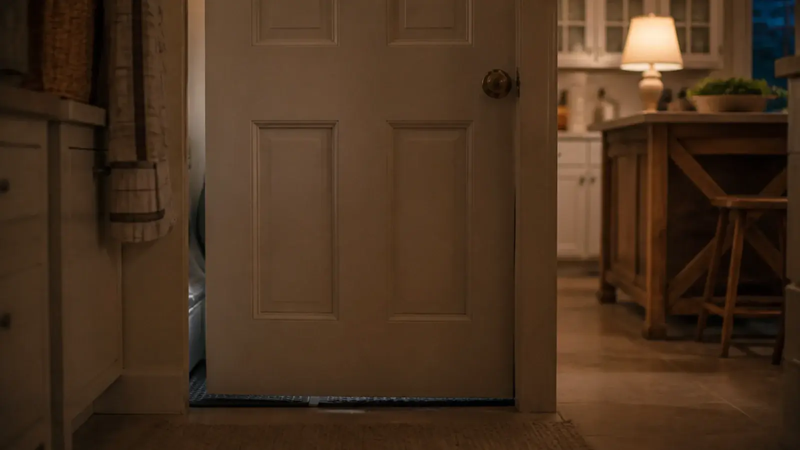 heavy panelled door closed between a utility room and a kitchen