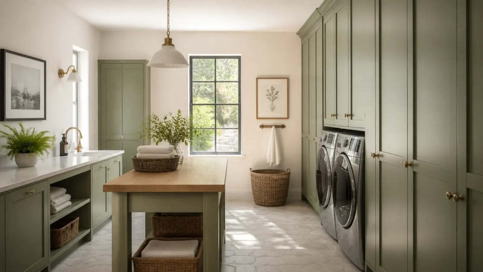 large utility room with an island tall cabinets and a long worktop