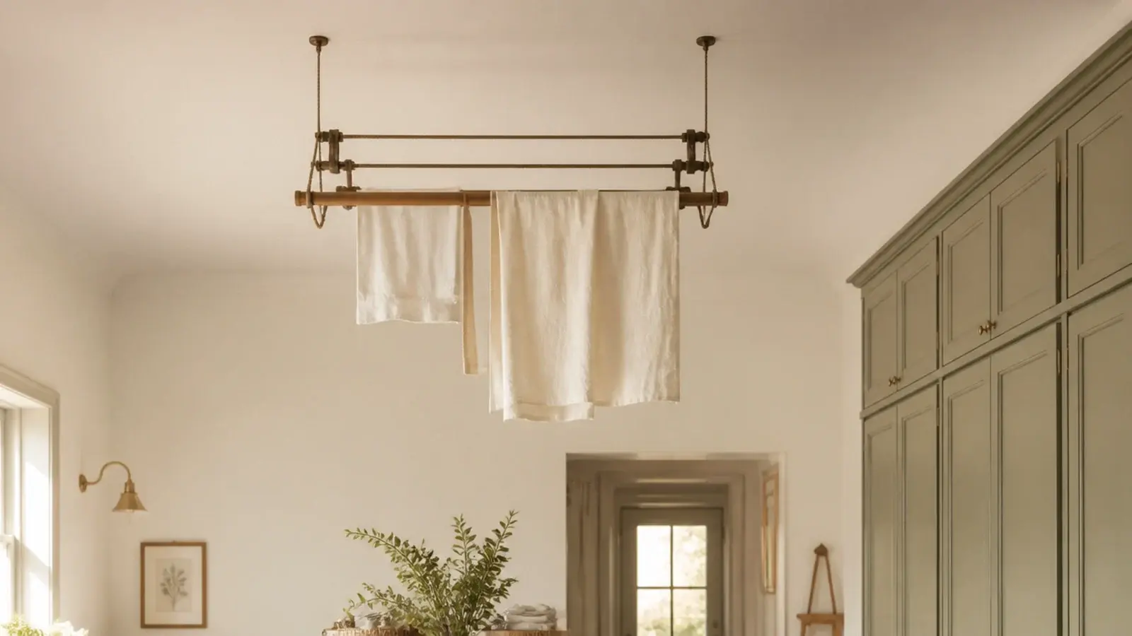 tall view of a spacious utility room with island sink and cabinetry