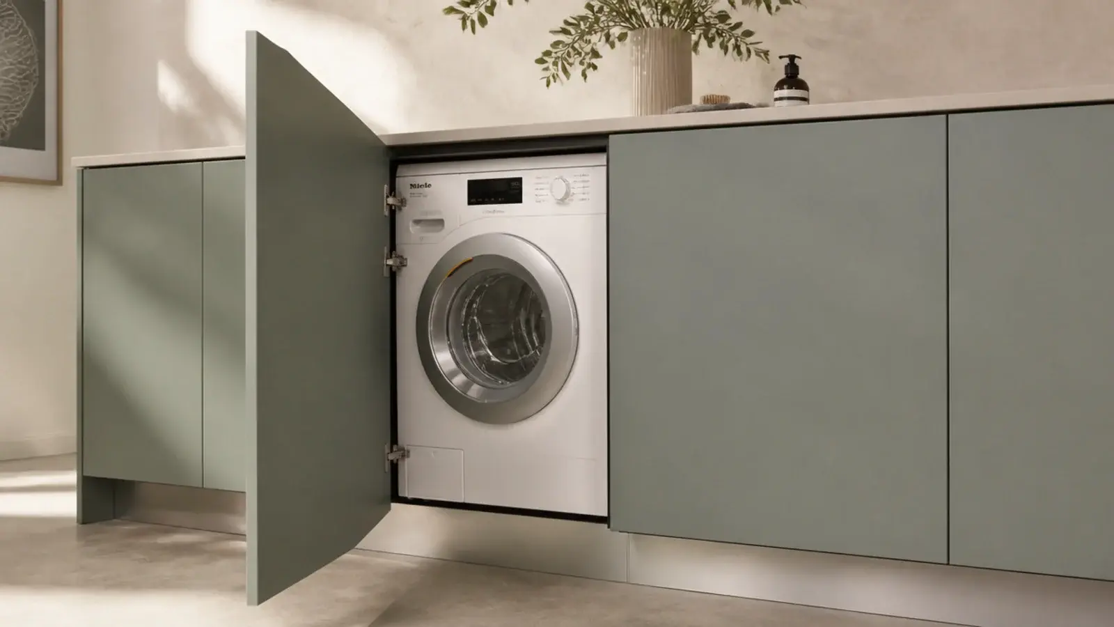 cabinet door swung open to show an integrated washing machine behind it