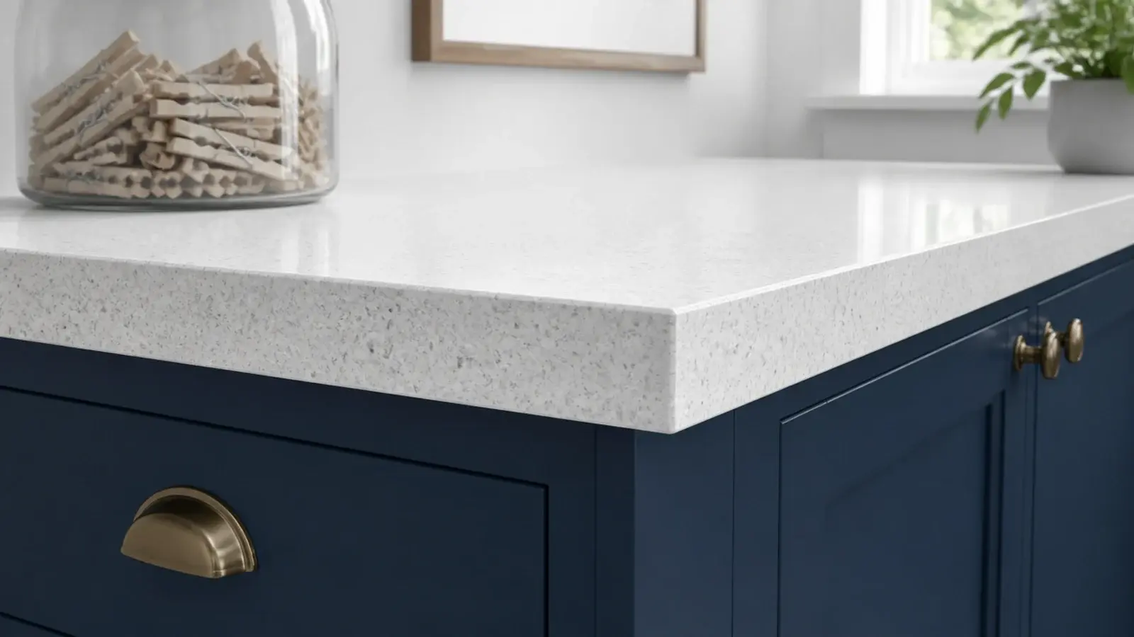 pale quartz worktop with a crisp square edge above painted base cabinets