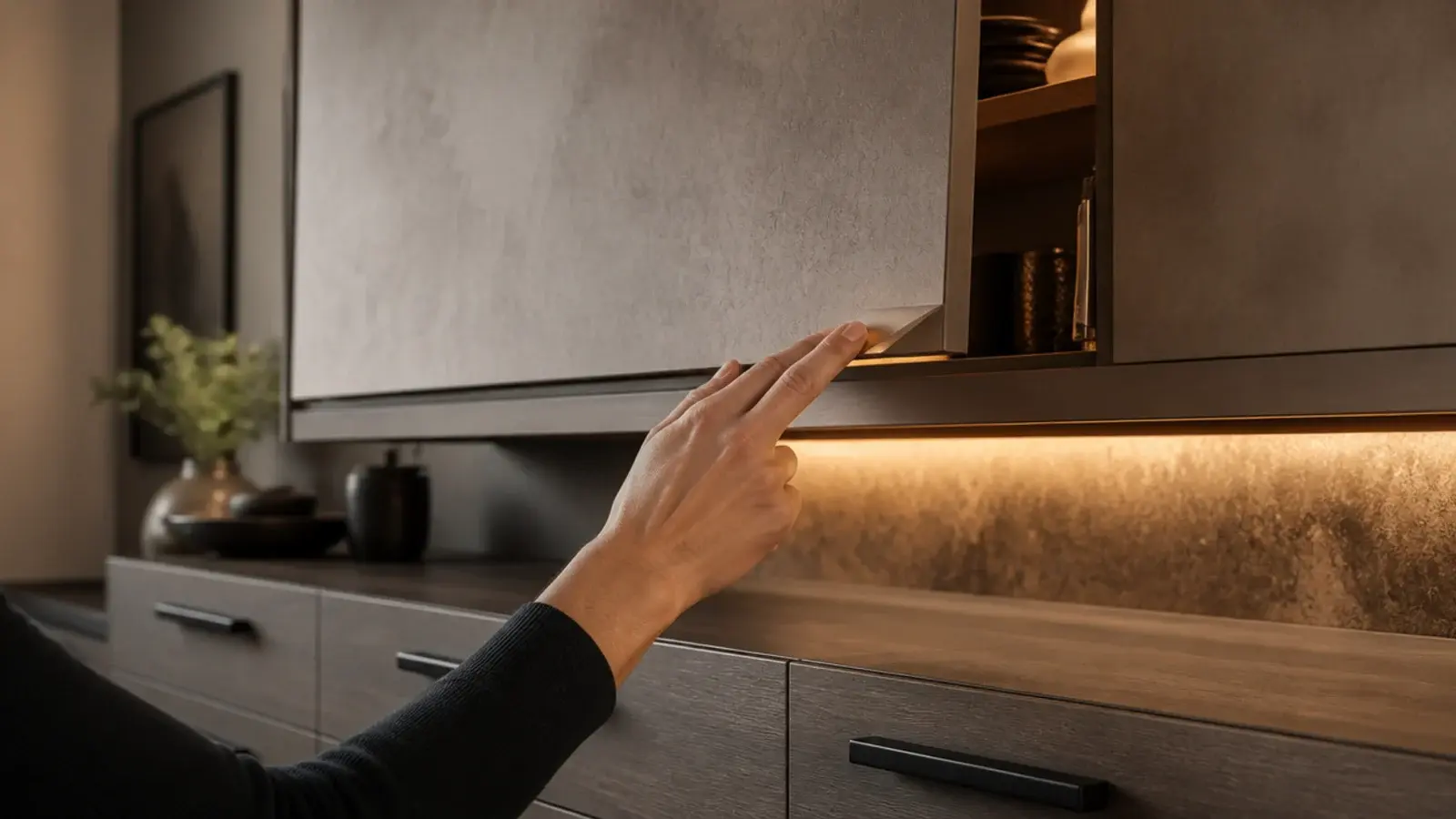 upper cabinet pressed open by hand while lower drawers show slim pulls