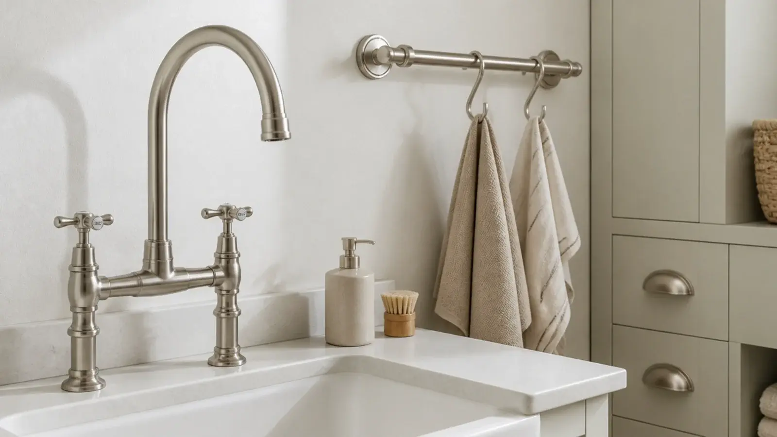 brushed steel tap rail and handles repeating one finish across a utility