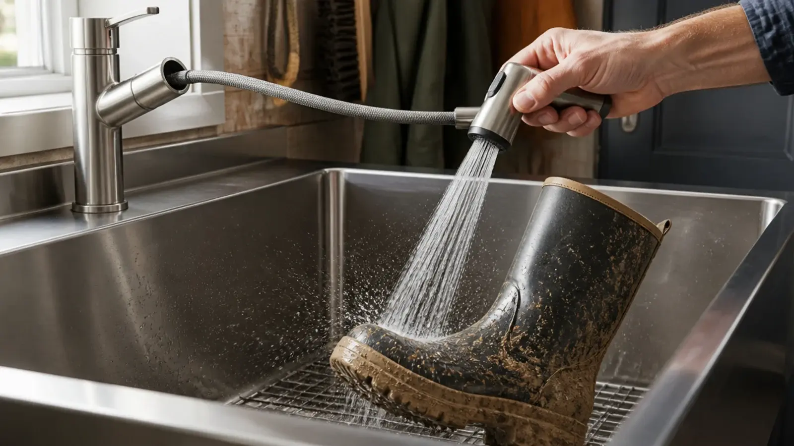 pull out spray tap extended over a deep utility sink rinsing a boot
