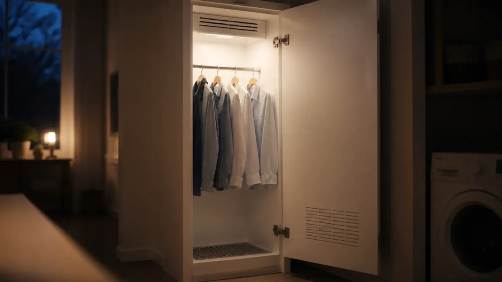 tall drying cupboard with a low grille and a high extract above damp shirts