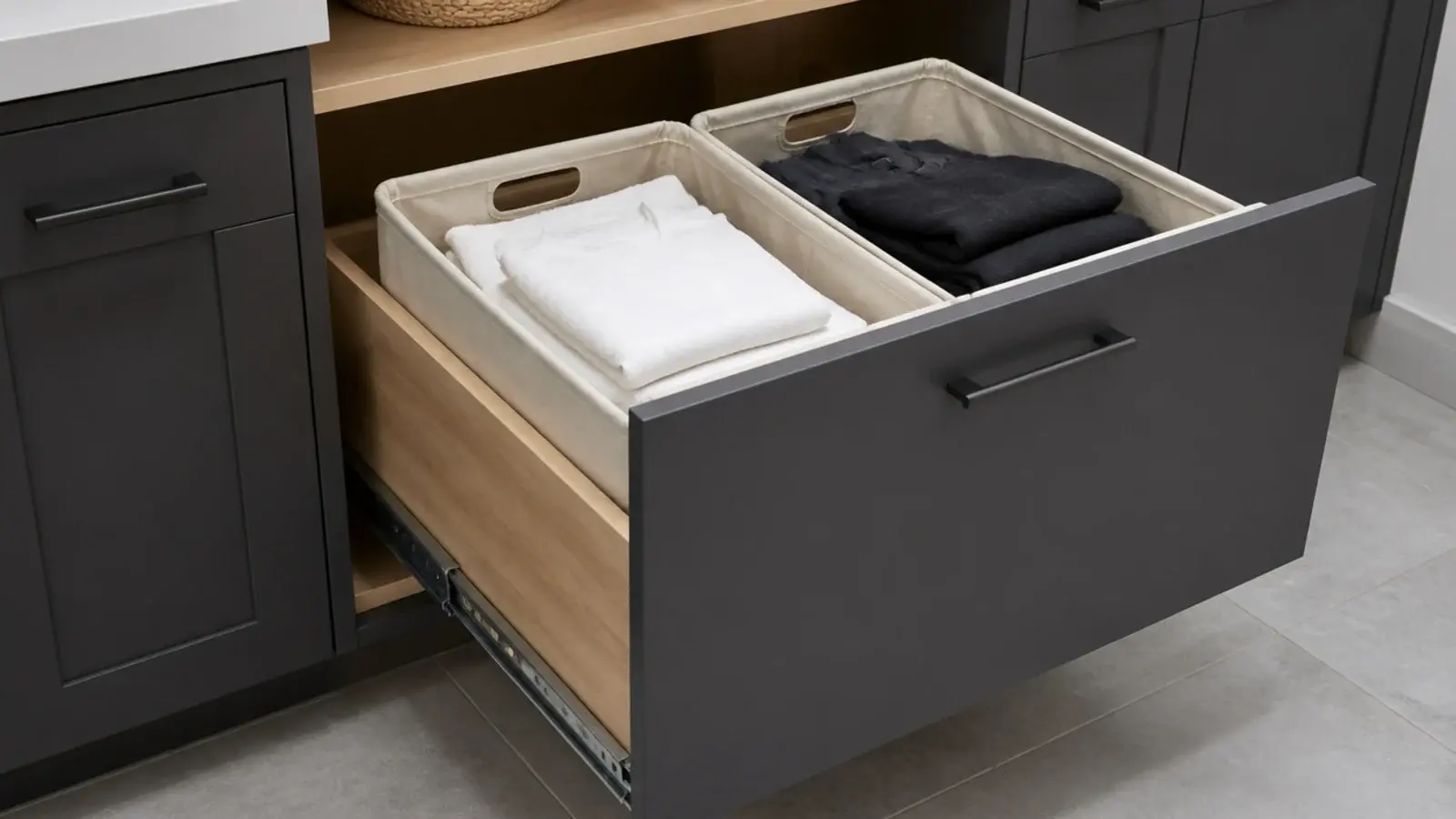 pull out cabinet drawer holding two removable canvas laundry bins