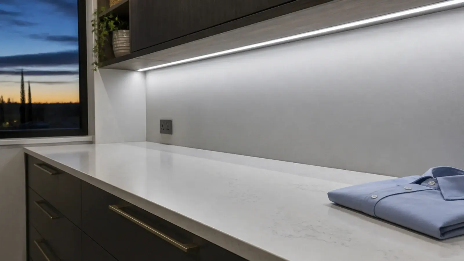 recessed strip light washing even task light down a utility worktop