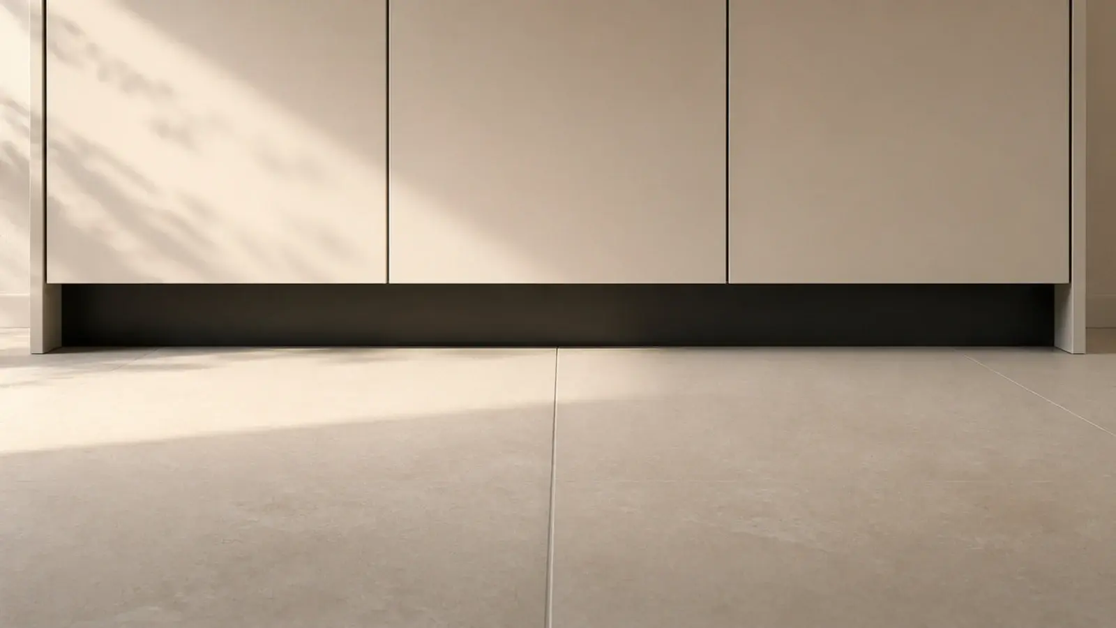 recessed dark plinth making a run of utility cabinets appear to float