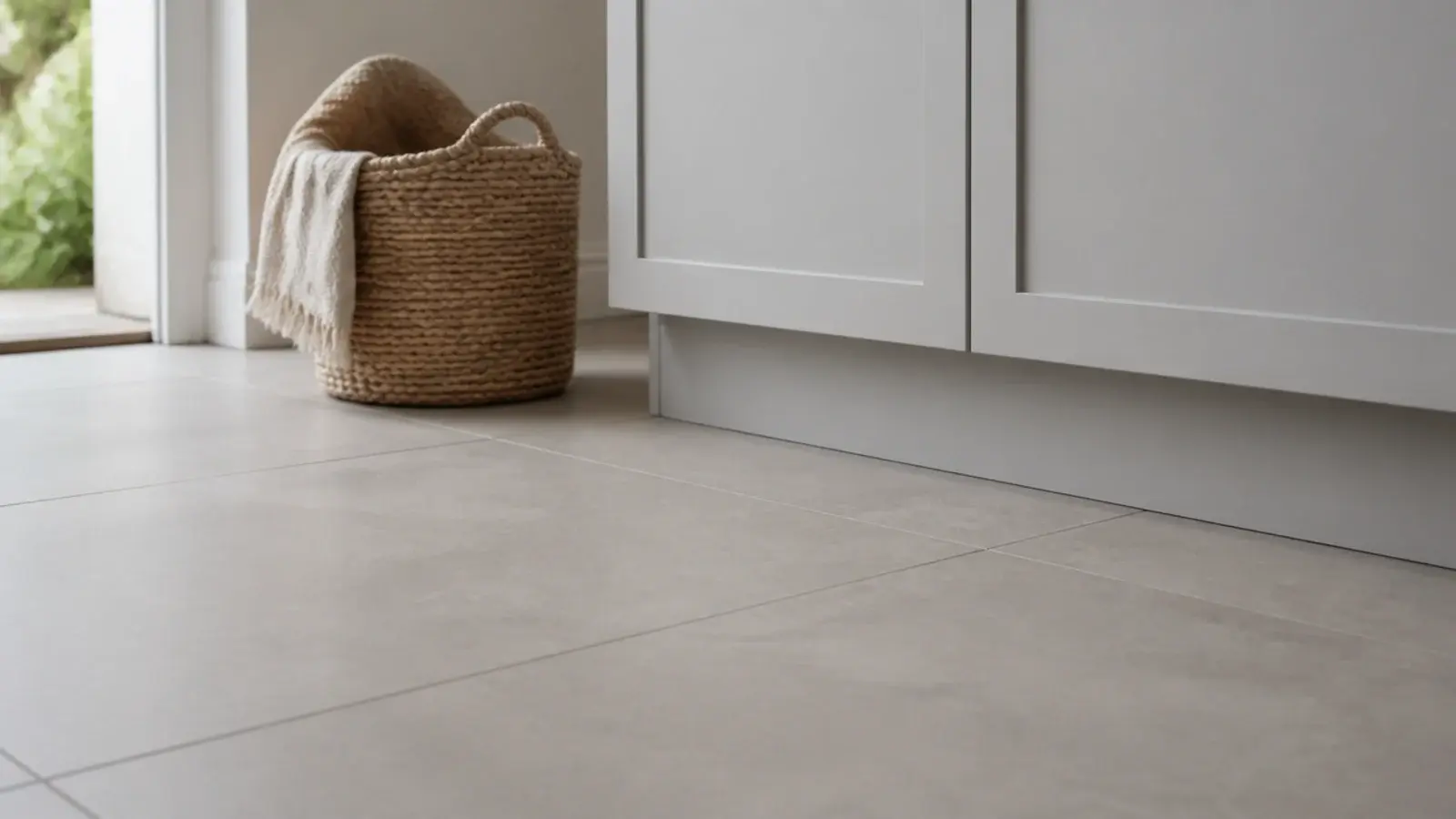 large format matt porcelain floor tiles with narrow grout joints in a utility