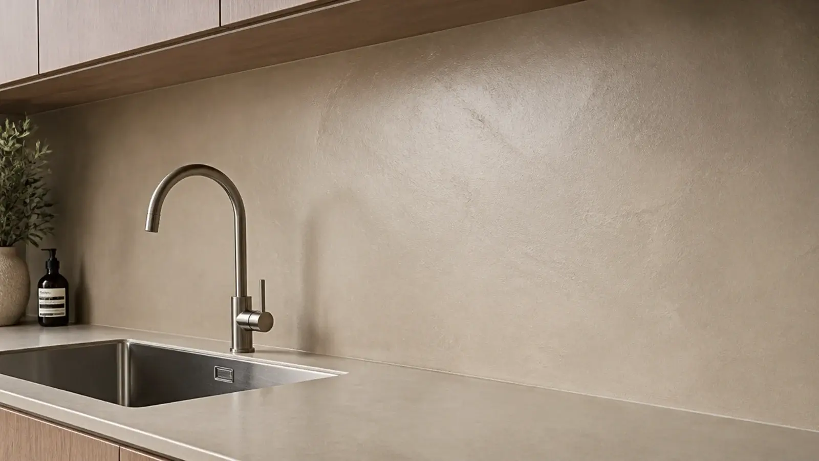 seamless microcement splashback running behind a utility worktop and sink