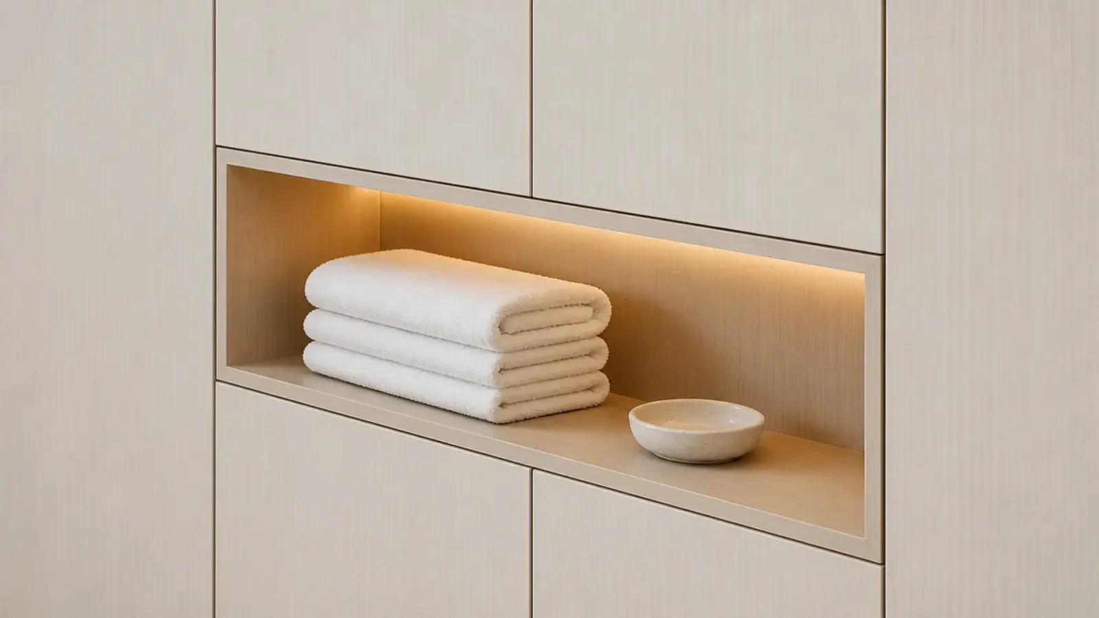 single recessed wall niche holding folded towels in a closed cabinet run
