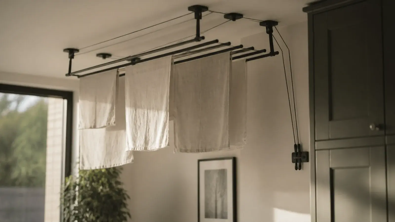 matt black ceiling airer raised above a modern utility holding drying sheets
