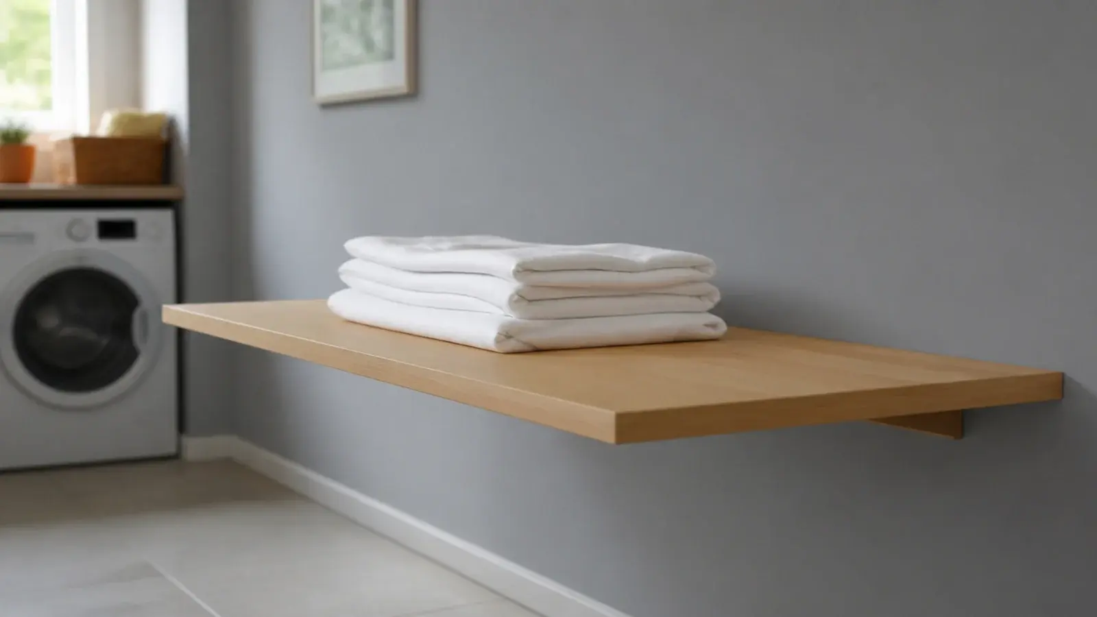 wall hung folding counter dropped level holding a stack of folded washing