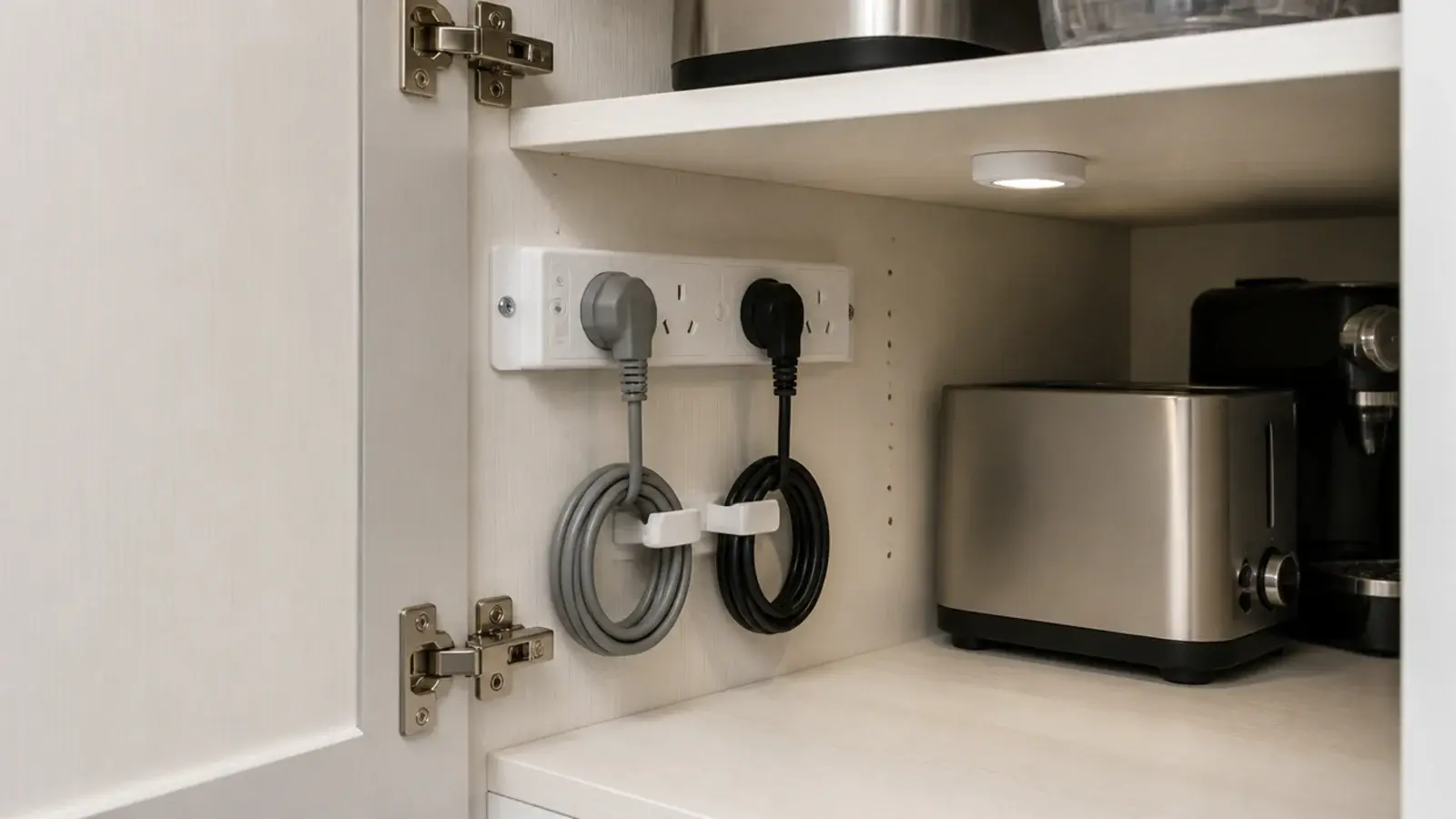 socket strip mounted inside a utility cabinet with appliance leads tidy