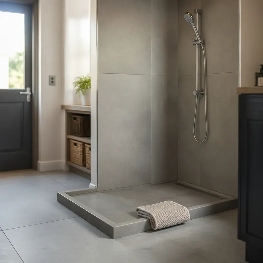 low tiled dog shower continuing the same porcelain as the utility floor