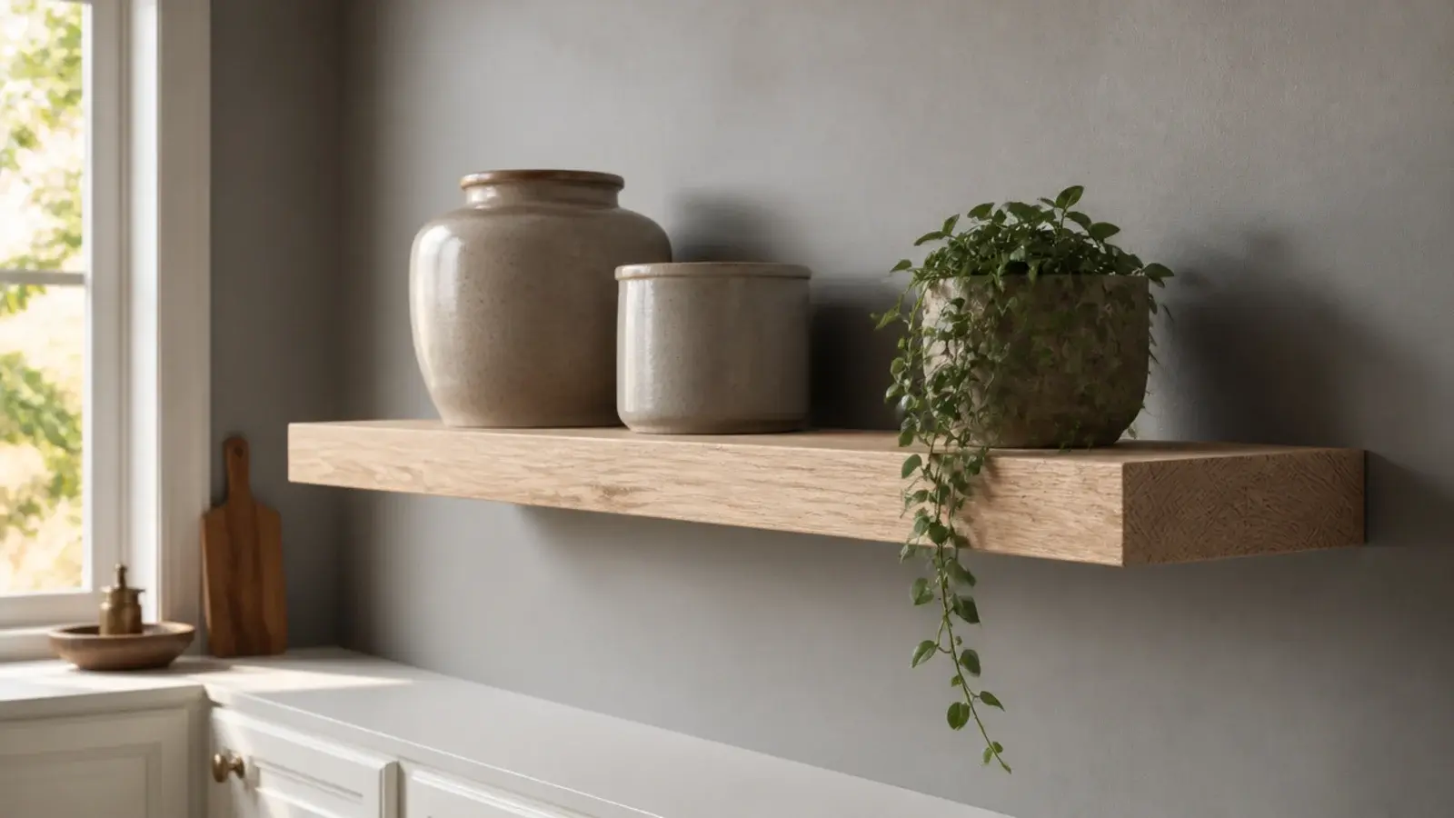pale oak open shelf warming a grey and white modern utility scheme