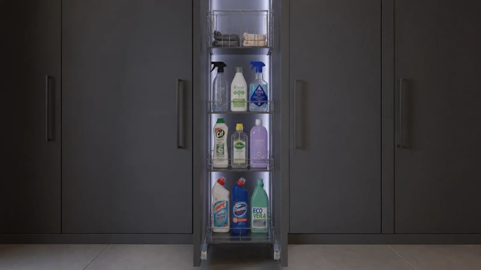 narrow full height pull out unit holding cleaning bottles in tiered racks
