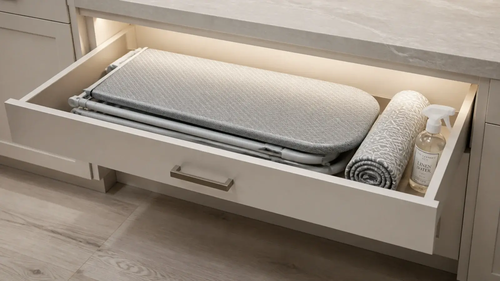 shallow cabinet drawer opened to reveal a flat folded ironing board