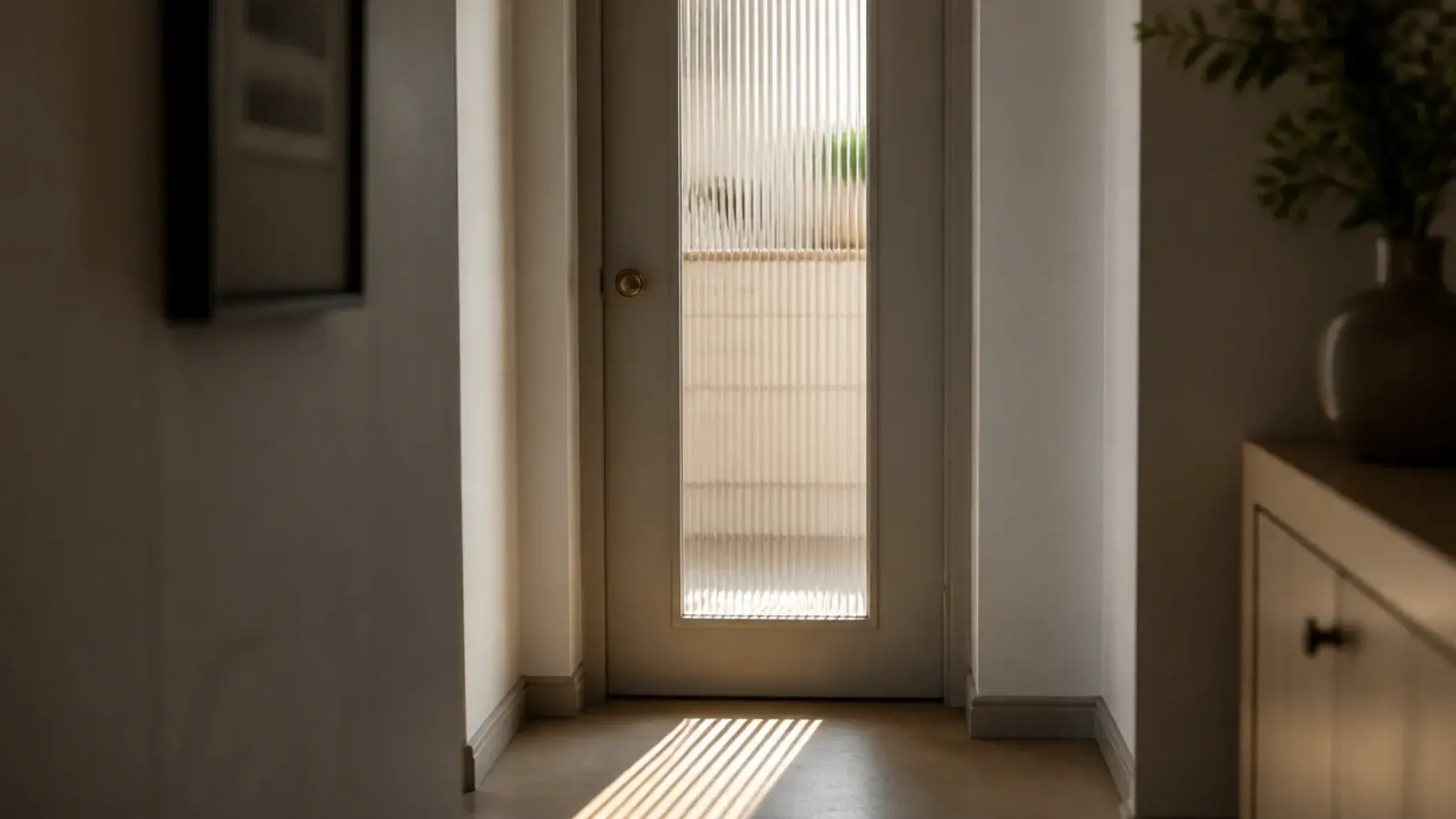 reeded glass door panel carrying daylight into a windowless utility room