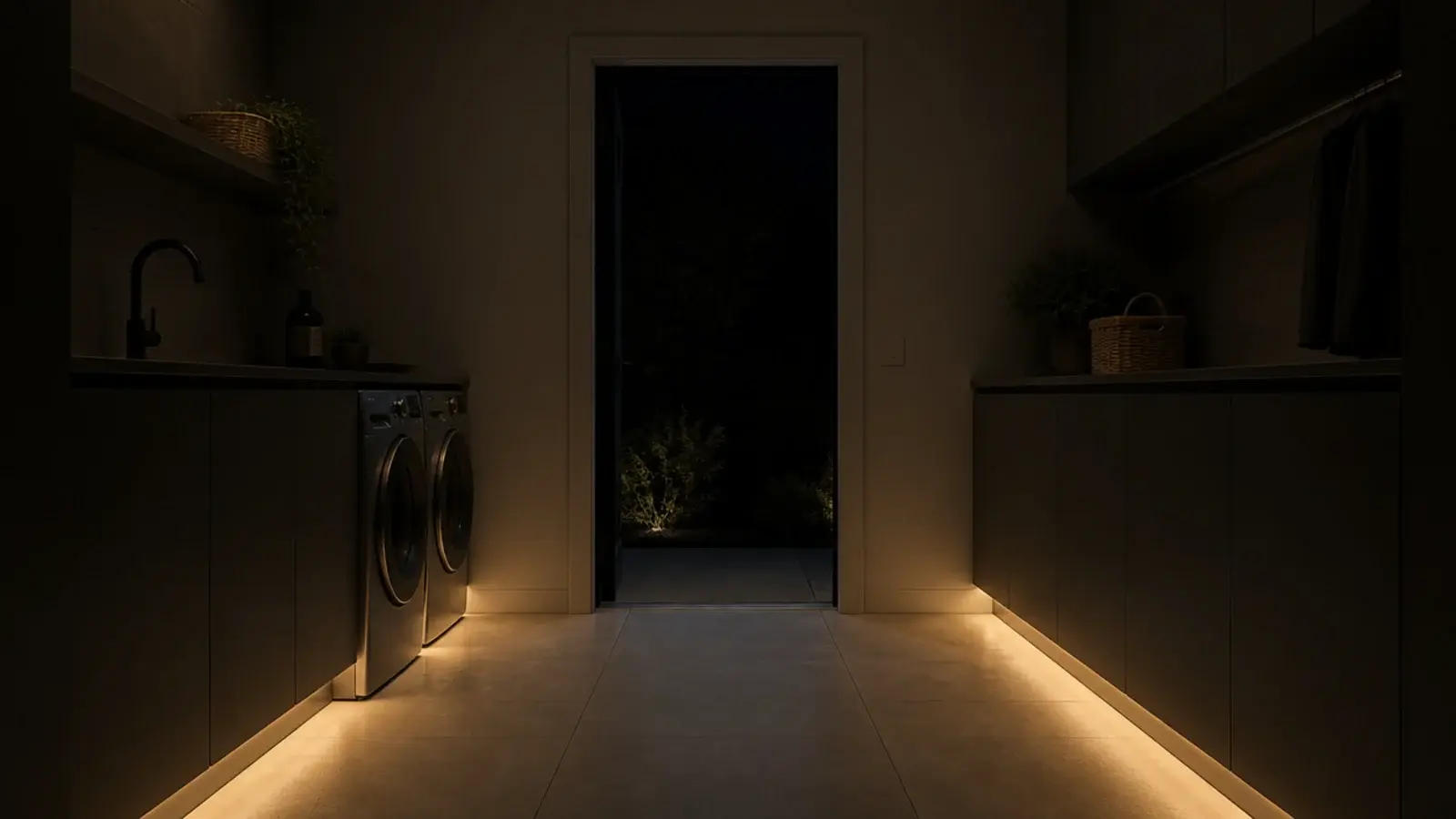 low toe kick light glowing along the base of utility cabinets at night