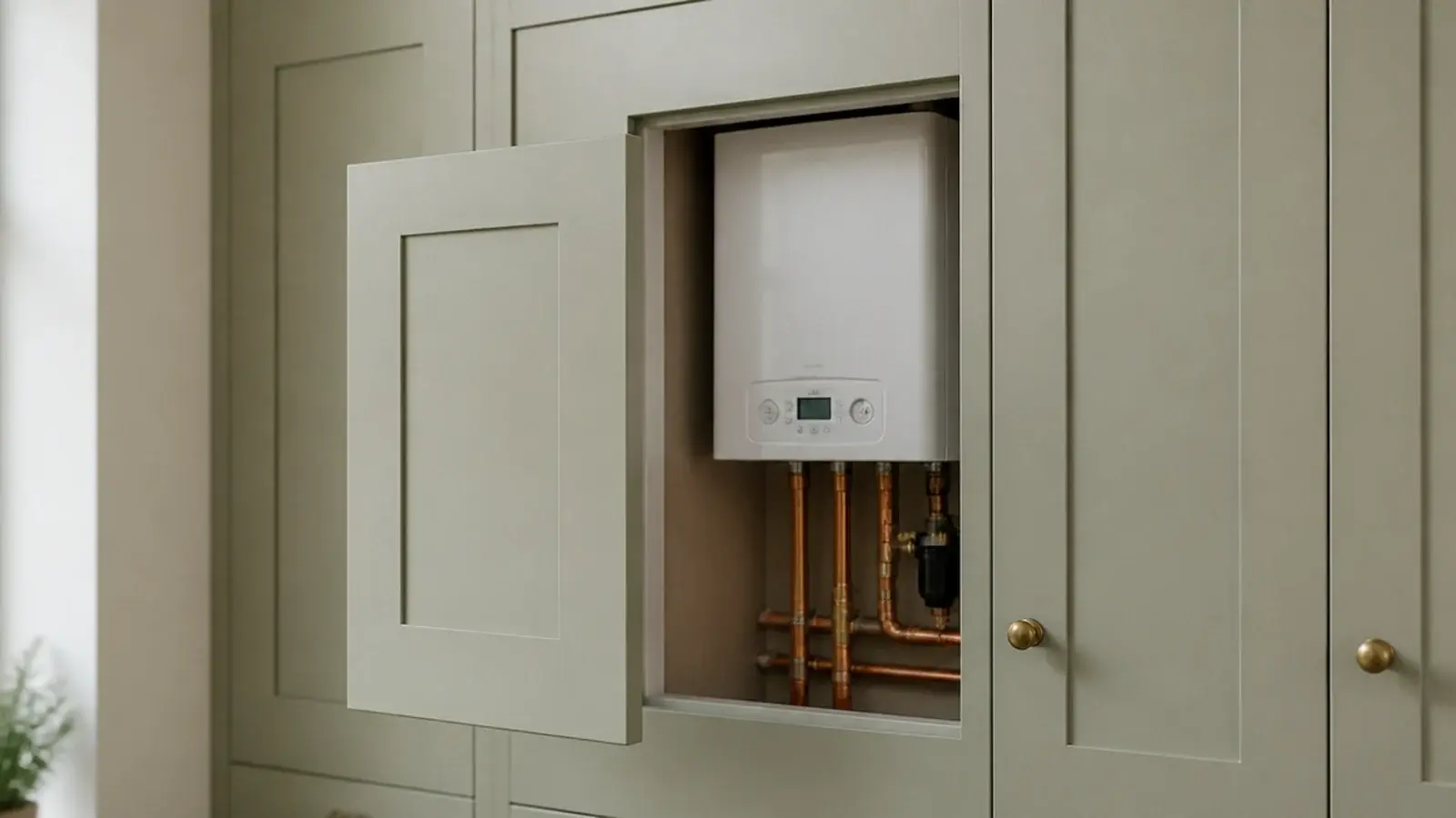 flush removable panel sitting level with cabinet fronts above a wall boiler