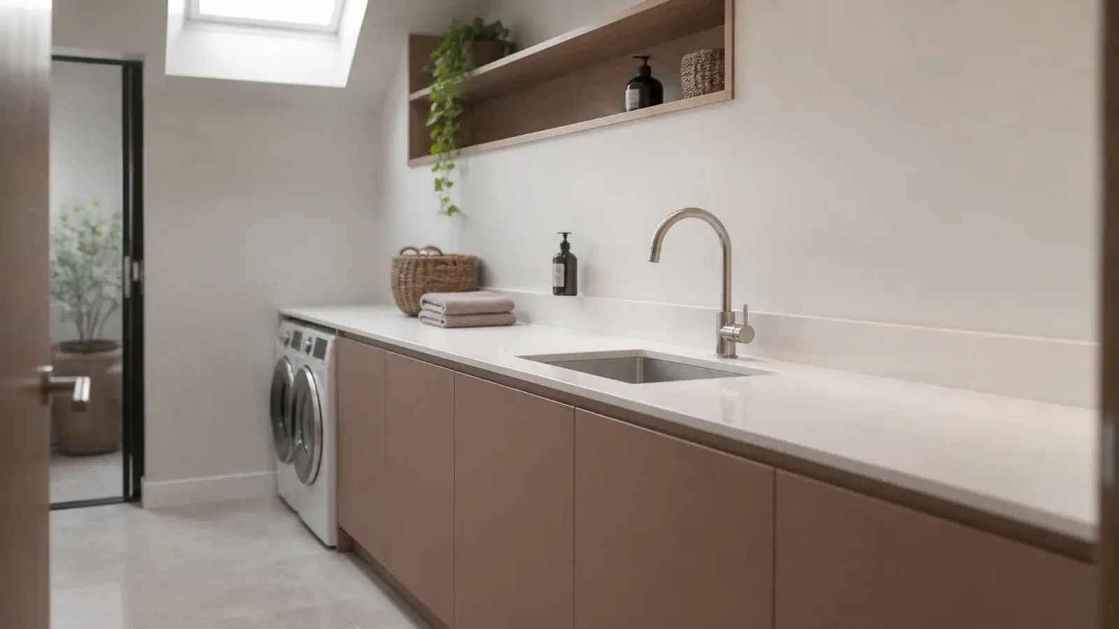 modern utility room with handleless clay cabinets quartz worktop and hidden machines