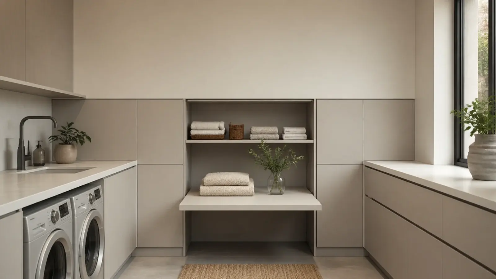 tall view of a modern utility room with tonal cabinetry and hidden appliances