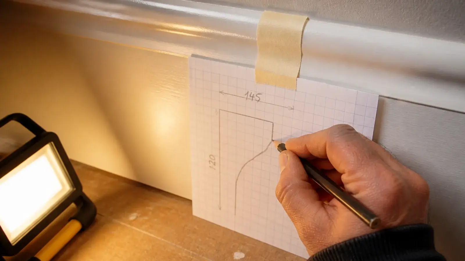 hand marking wall width on a paper plan beside a skirting board