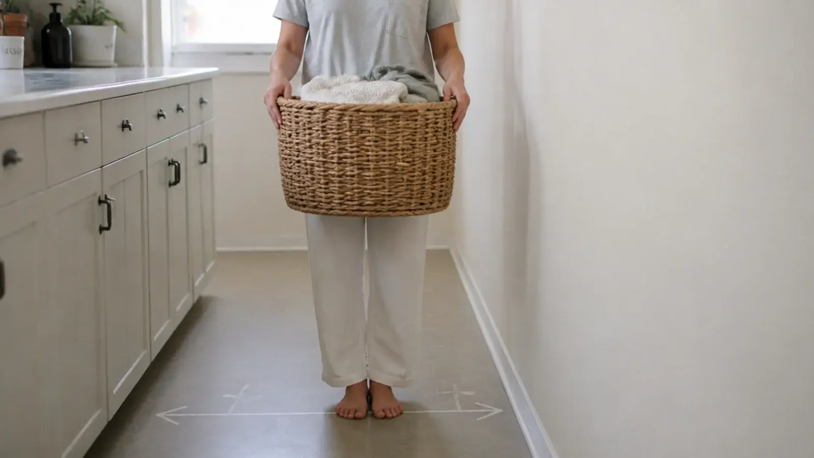 laundry basket carried through a tight gap between cabinets and a wall