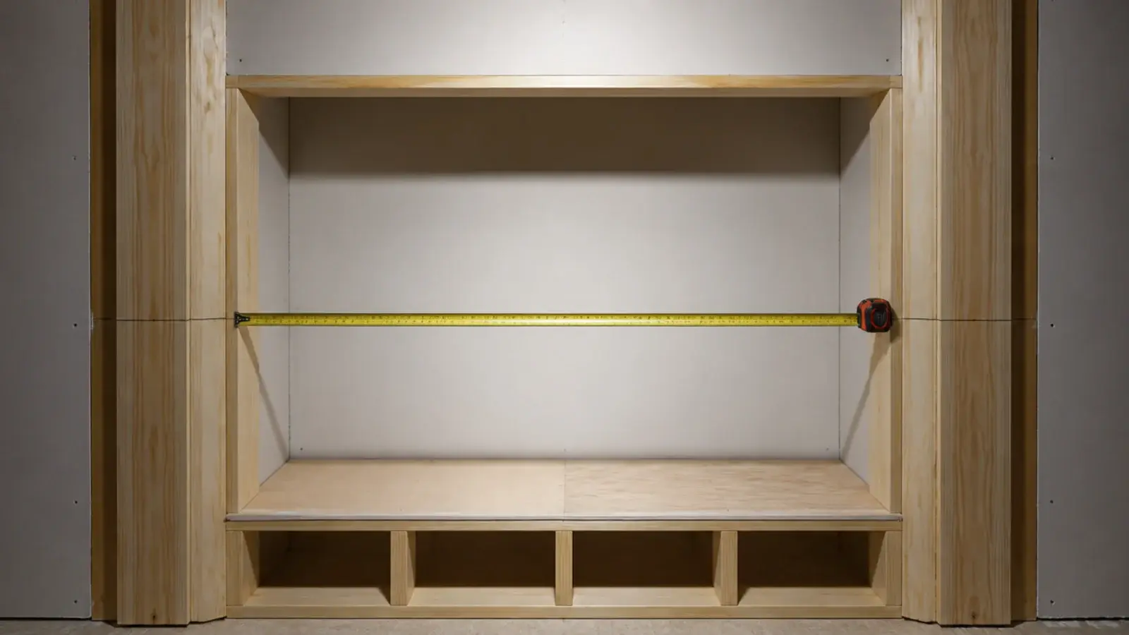 empty appliance alcove framed in timber with a tape across the opening