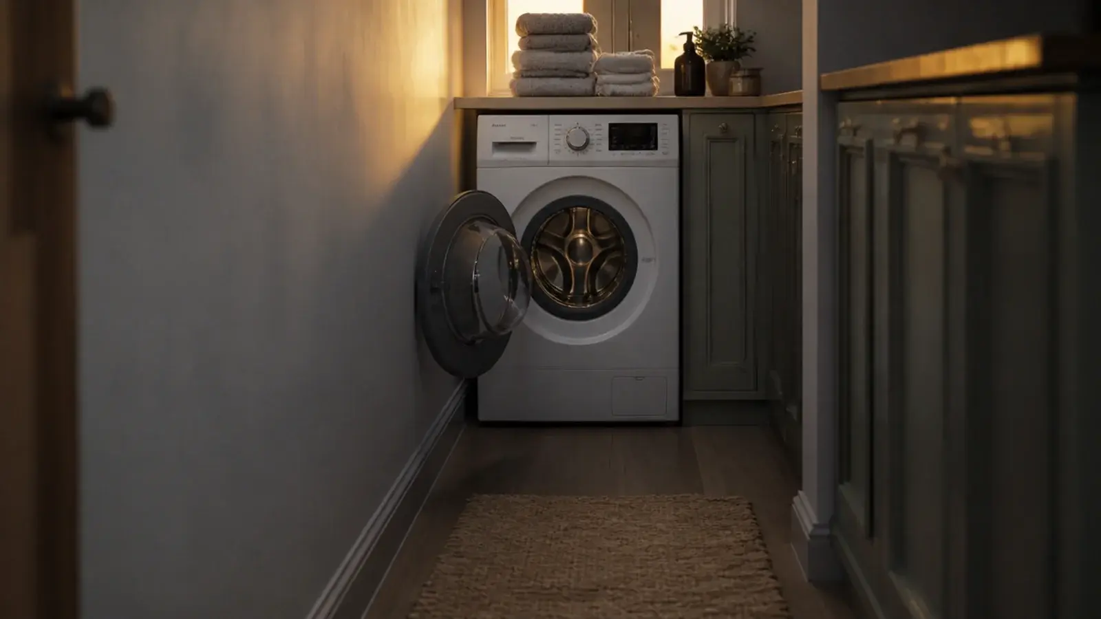 open front loader door swinging toward a blank wall in a corridor room