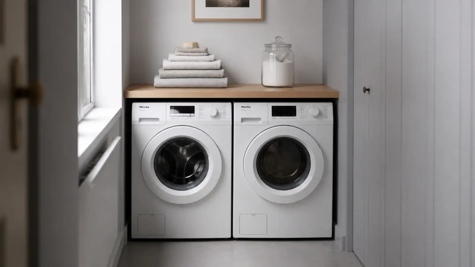 two slim European laundry machines side by side under a timber worktop