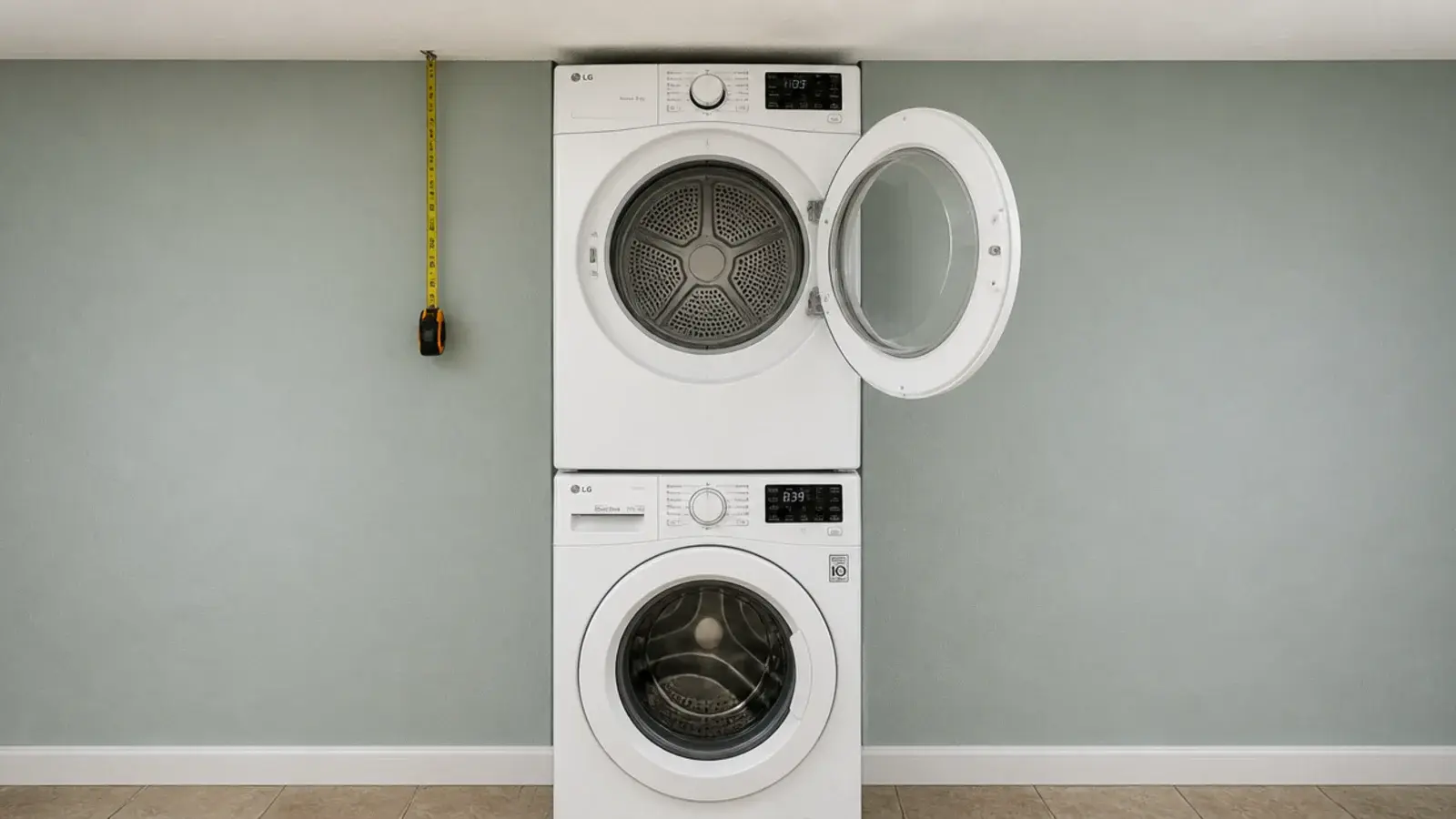 stacked laundry pair with the upper door open under a low ceiling