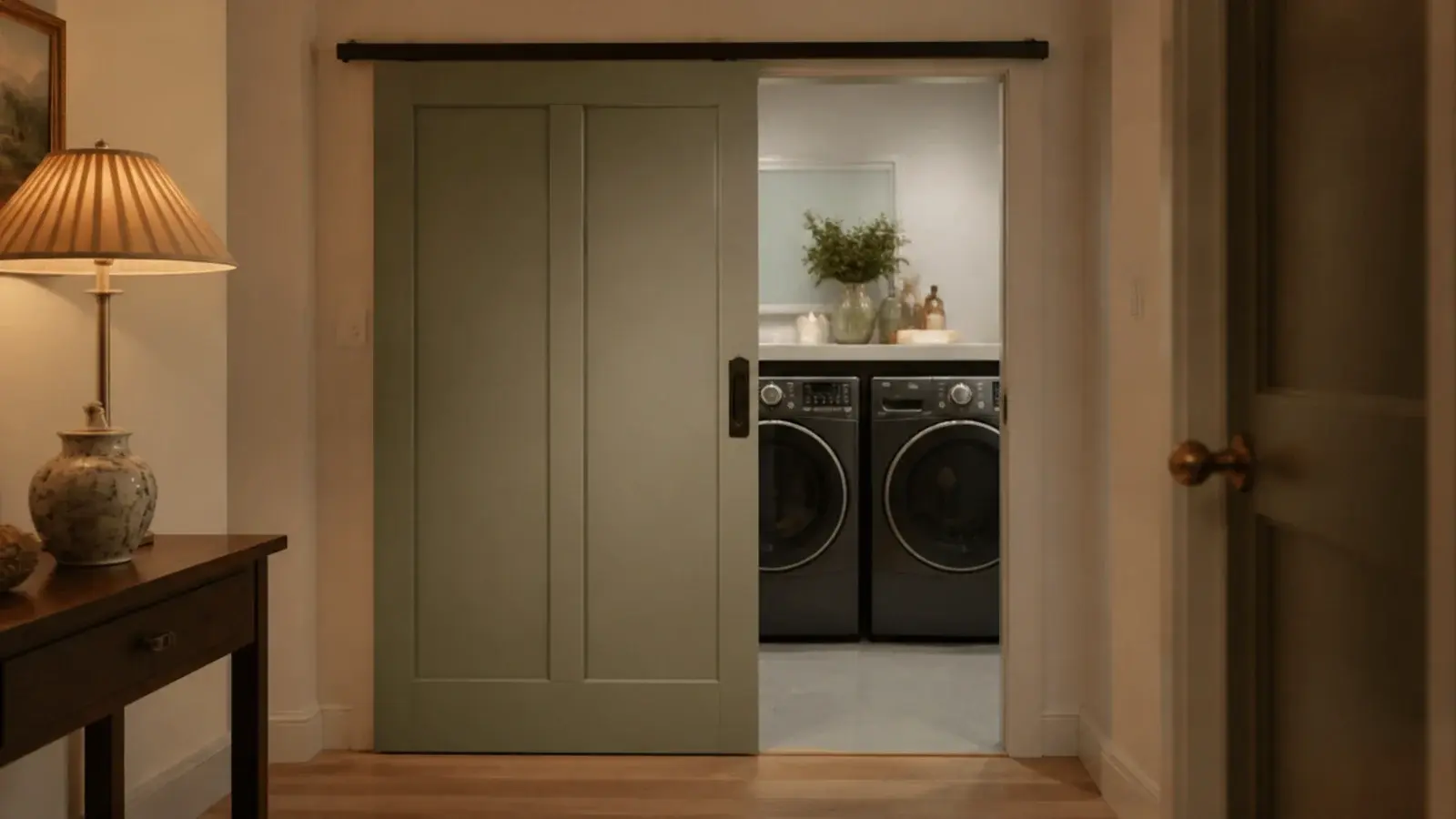 barn style sliding door on a black track across a utility doorway