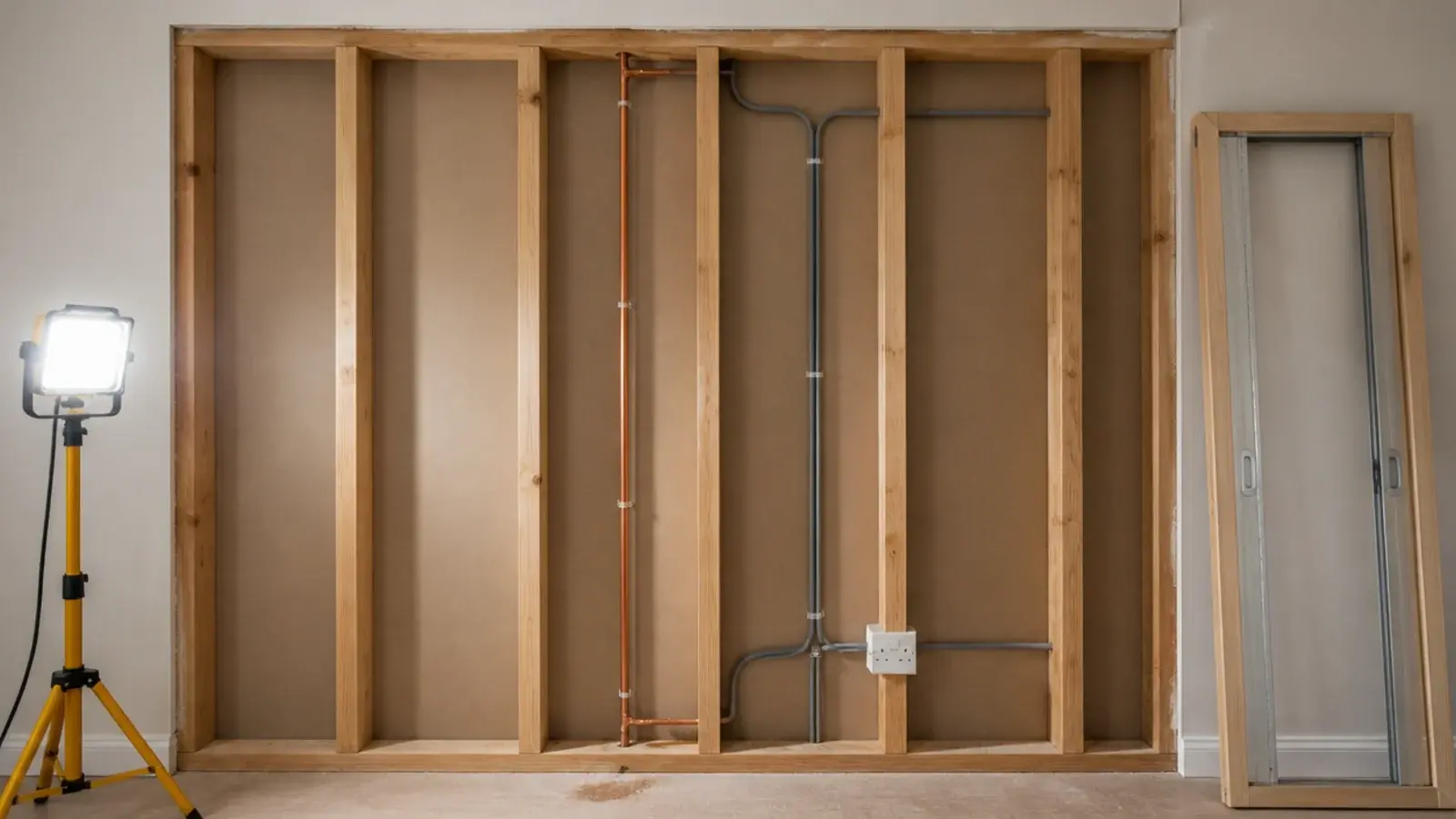 opened stud wall showing cables and pipes inside a pocket door bay