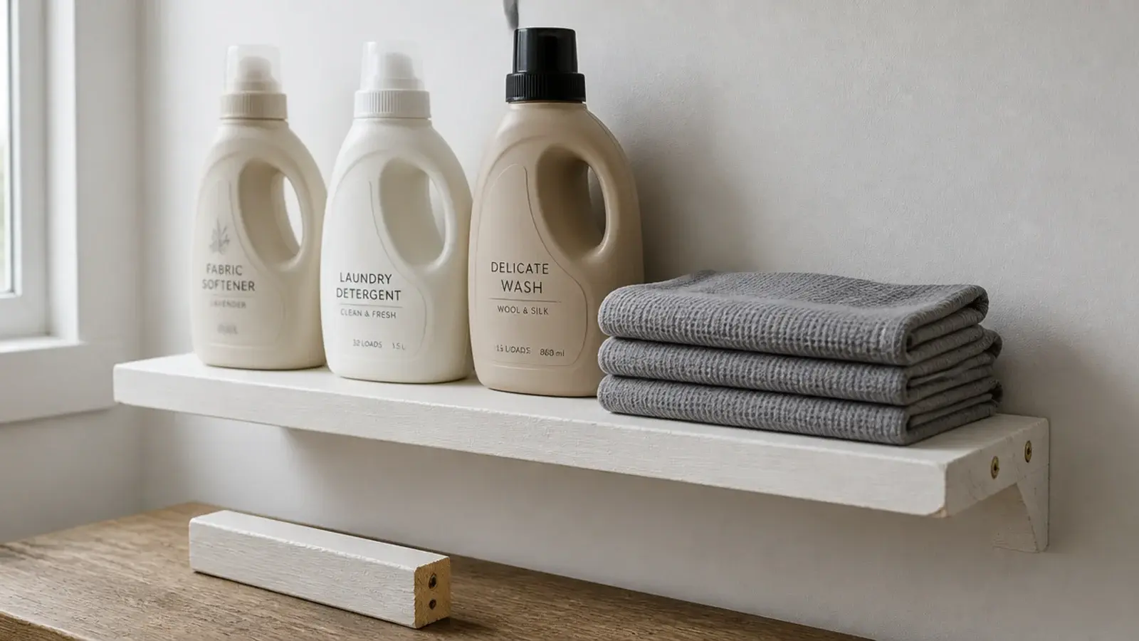 shallow painted shelf holding detergent bottles in a single front row