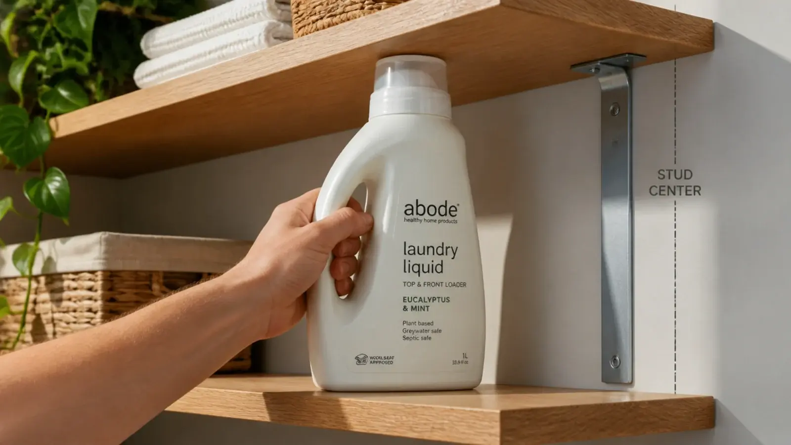 tall bottle lifted clear from between two closely spaced wall shelves