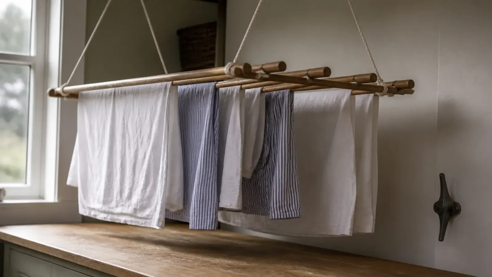 ceiling airer lowered above a laundry worktop holding damp folded shirts