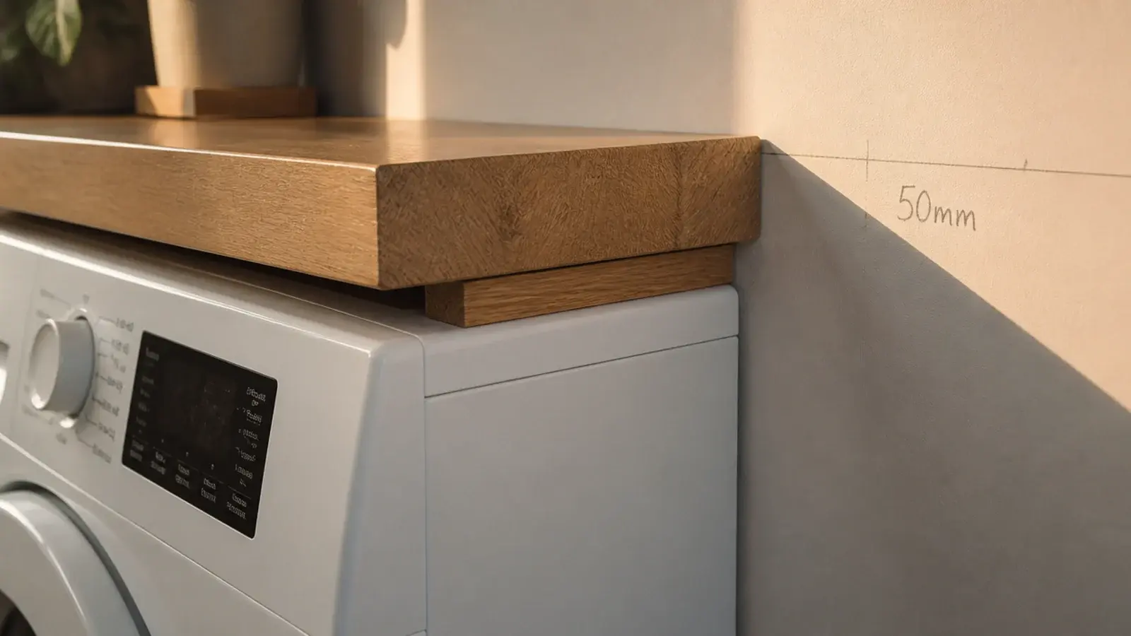 oak worktop meeting the top edge of an under counter washing machine