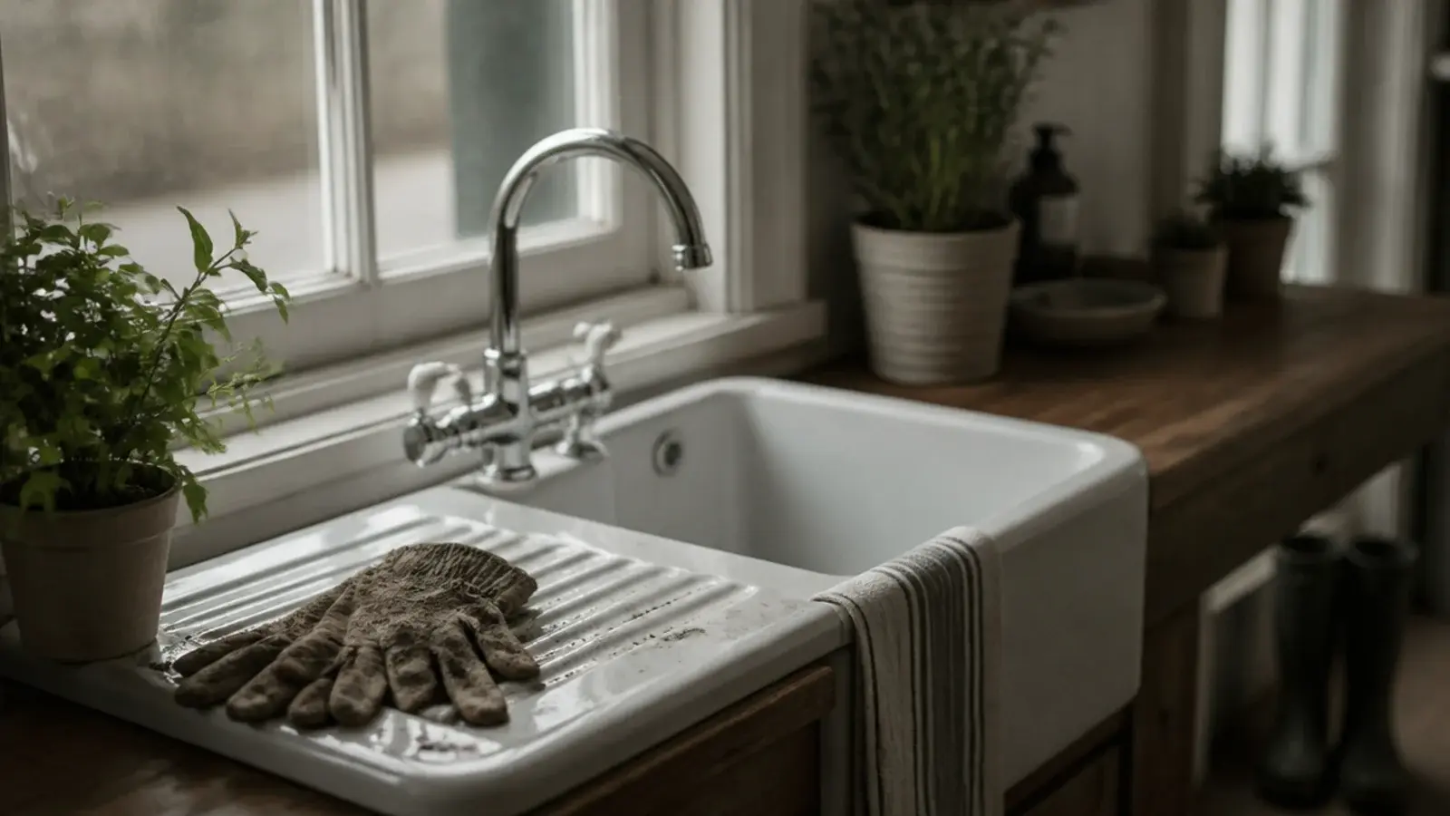 compact ceramic utility sink at the end of a worktop run