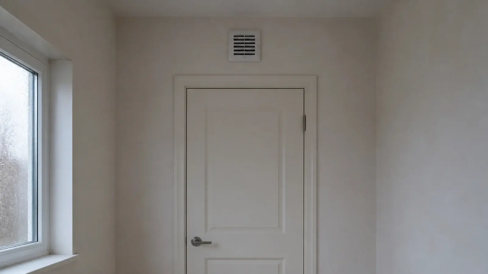 white extractor fan grille set high on a painted utility room wall