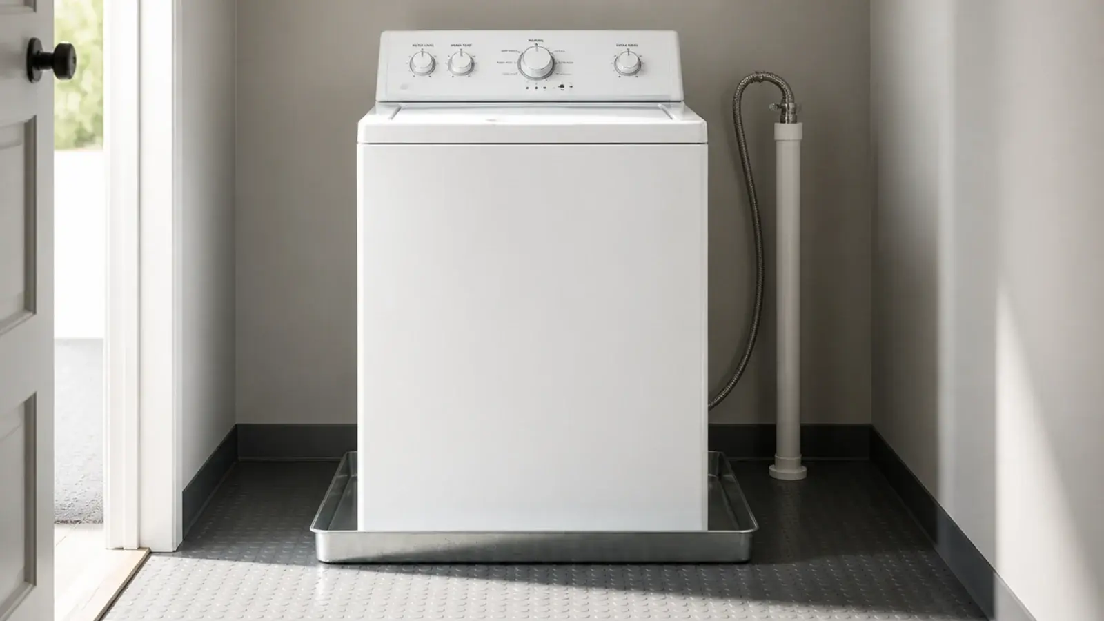 shallow metal leak tray sitting under a washing machine on vinyl