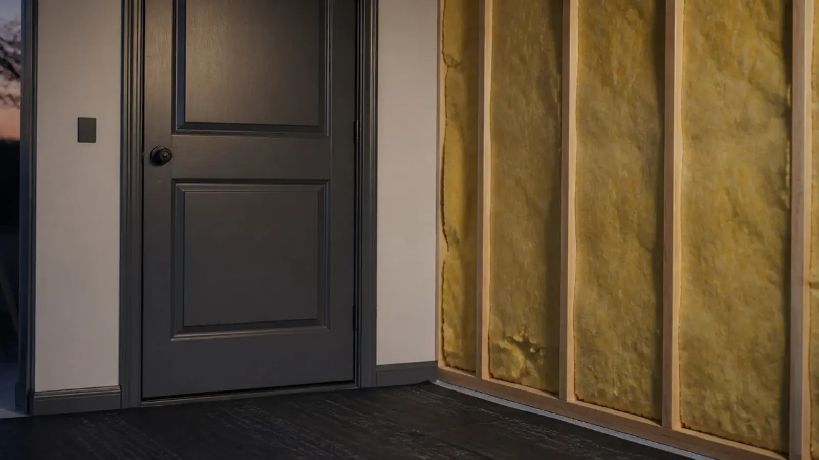 closed solid timber door with mineral wool visible in the stud wall