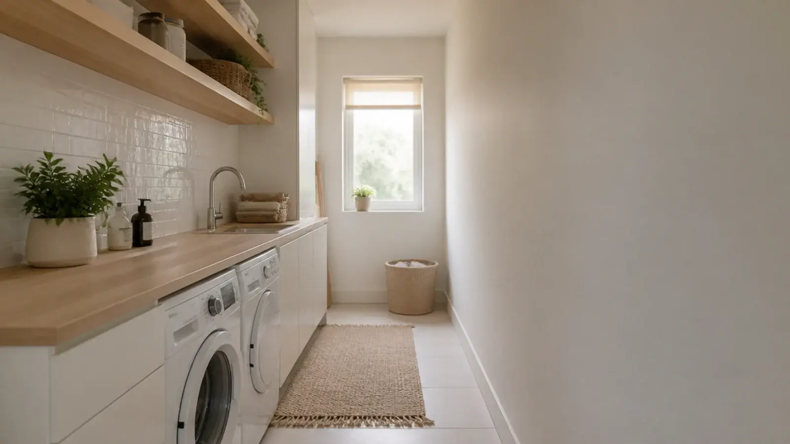 narrow utility room seen down its length with one appliance run