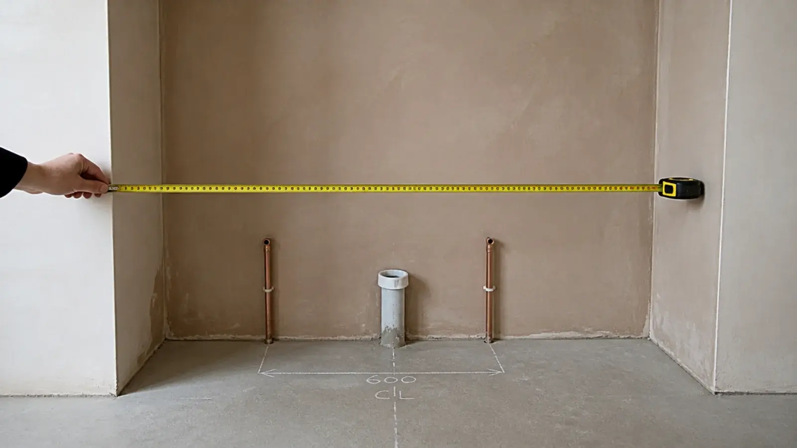 steel tape measure stretched across an empty plastered appliance bay