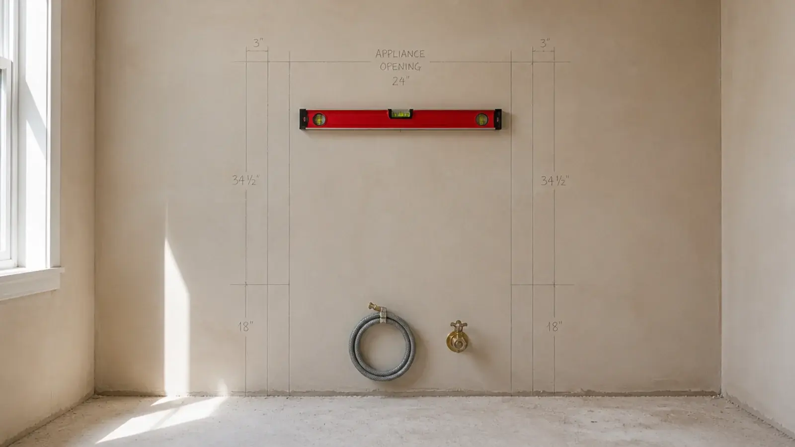 pencil lines and a spirit level marking out a machine bay