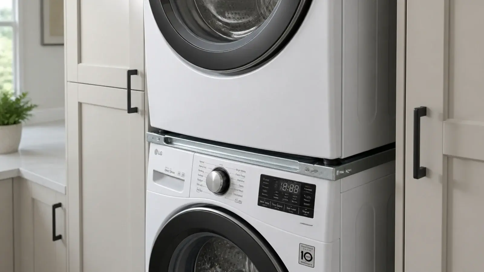 stacked front loading washer and dryer joined by a steel bracket