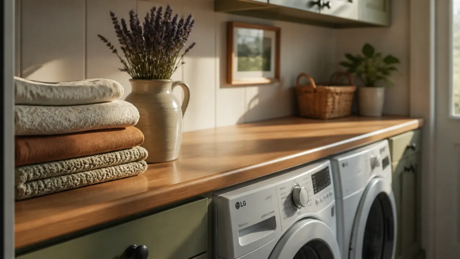 continuous laminate worktop running across a side by side laundry pair