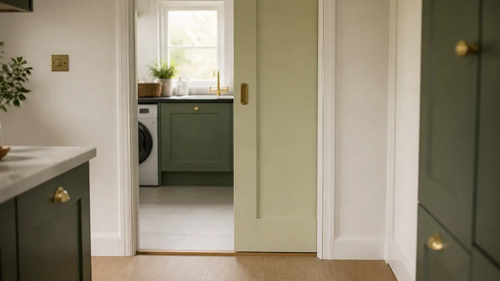 pocket door slid halfway open between a kitchen and a utility